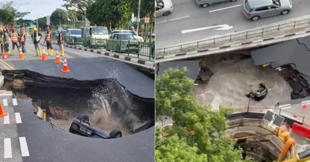 新加坡街头惊魂！马路突然塌陷吞车，断水封路！